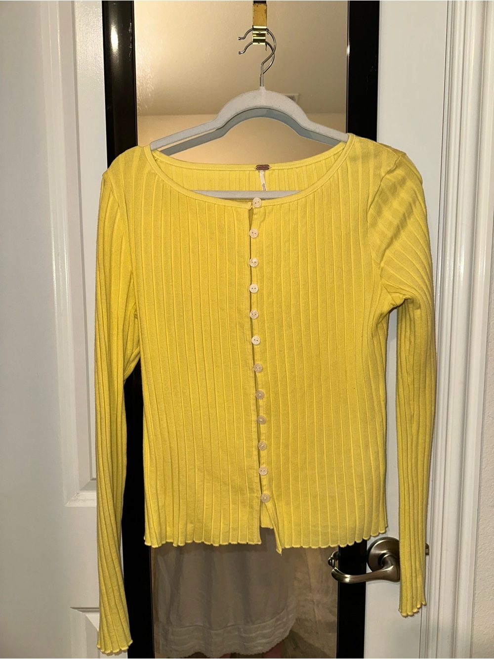 Free People Yellow Ribbed Button-Up Top